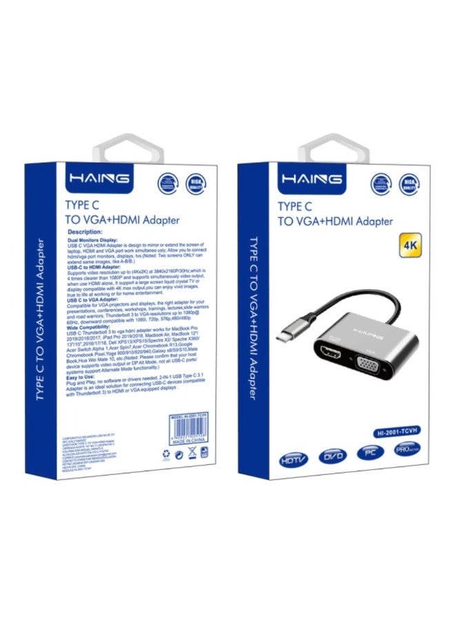 هينغ محول HI-2001-TCVH من USB-C إلى HDMI وVGA، محول من النوع C إلى VGA إلى USB-C Thunderbolt 3 لشاشتين - Image 4